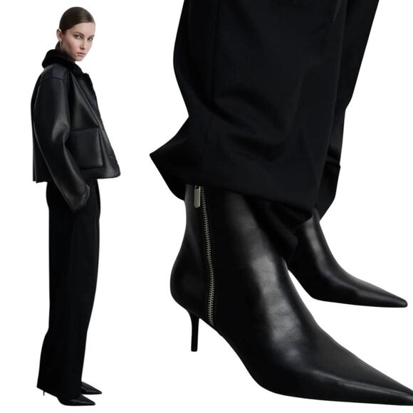 Mango Pointed Toe Kitten Heel Ankle Boots with Zipper Black Size 40/ 9 - Picture 1 of 11